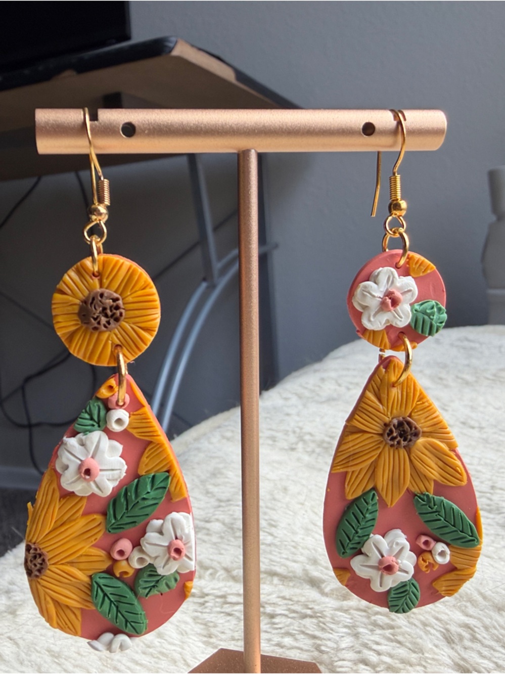 Handmade Sunflower Teardrop Earrings with Coral Base